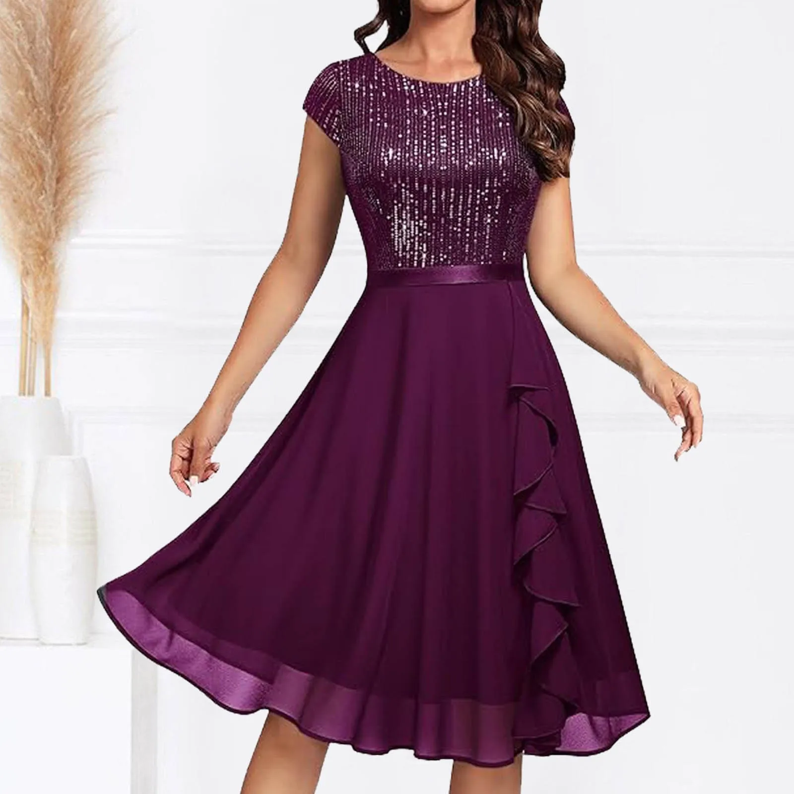 

Elegant Ladies Sequin Chiffon Dress Fashion Short Sleeve O-Neck Solid Color Dress For Women All Season Formal Evening Party Gown