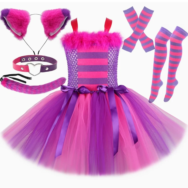 Cute Cartoon Outfits for Girls, Kids Halloween Carnival Party Clothes Sets, Girls' Fairy Magic Striped Cat Tulle Tutu Dress