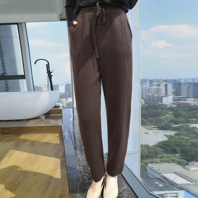 100% mink wool knitted high-waisted pencil pants women\'s casual autumn and winter new warm solid color thick cashmere pants