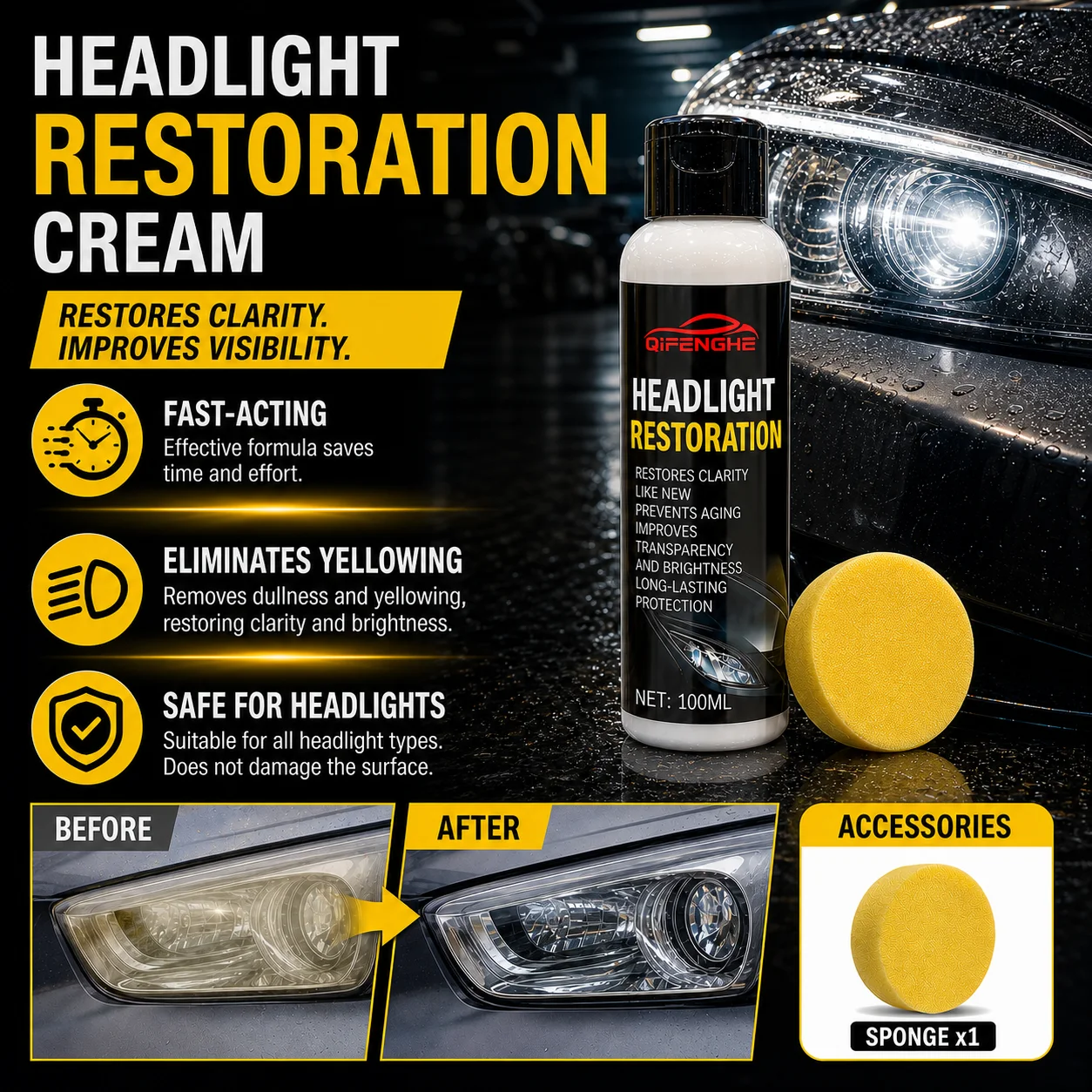 QIFENGHE Car Headlight Restoration Cream 100ml, Headlamp Polish Cleaner, Remove Yellow Oxidation, Restore Clarity, with Sponge f