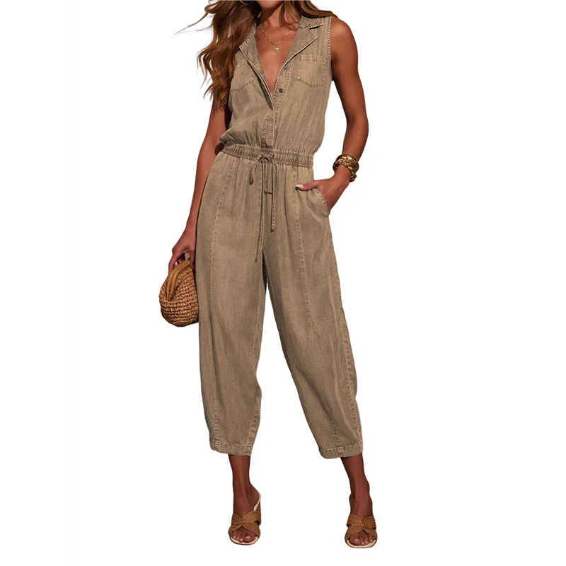 

CYL-Women's Denim Scoop Neck Sleeveless Drawstring Waist Jumpsuits Overall Rompers Light Khaki S