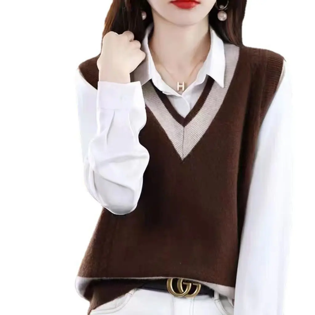 

Women's V-Neck Sleeveless Vest Knitted Top Color-Matching Loose Pullover Waistcoat for Spring And Autumn