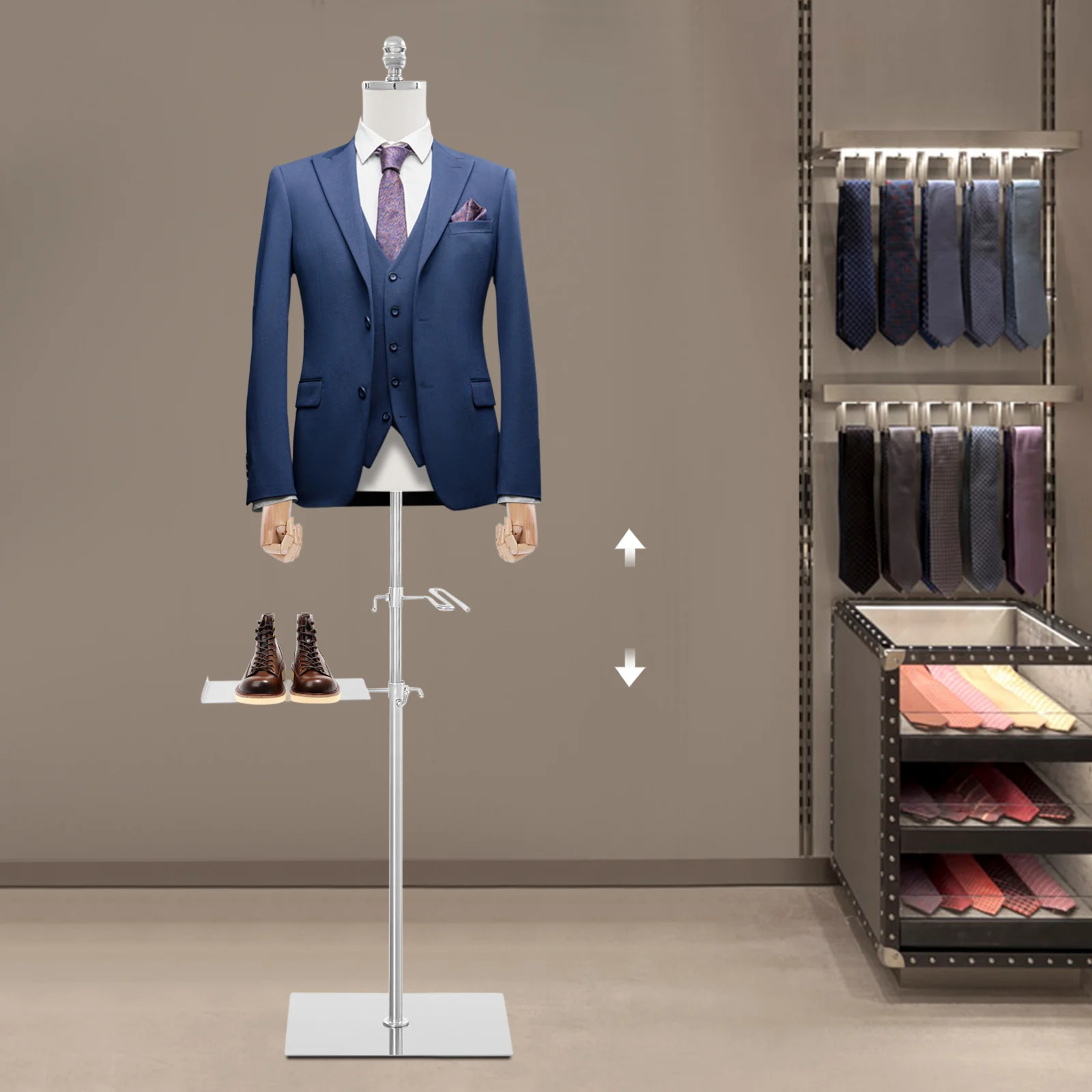 

Male Mannequin Torso with Metal Stand and Wooden Arms , Dress Form Male Height Adjustable 27-51inch, Pinnable Torso Display