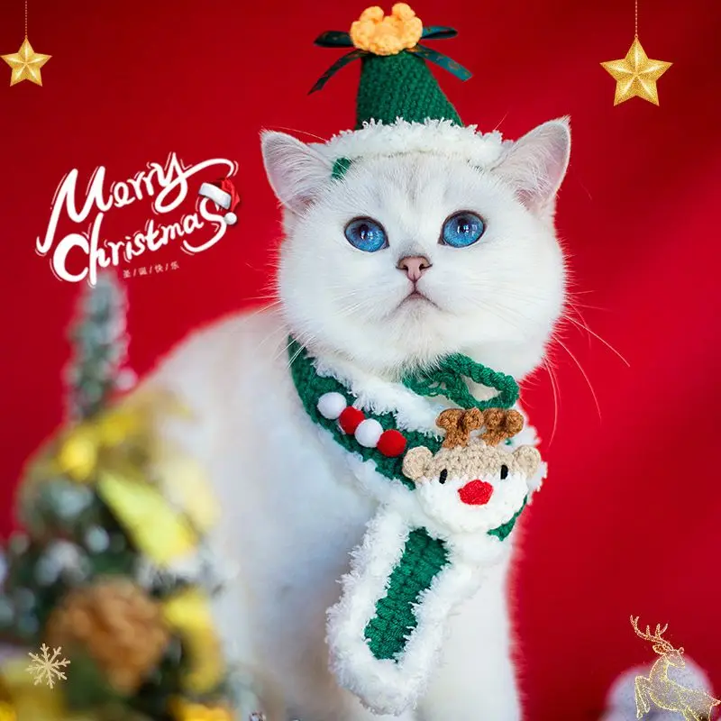 Christmas Pet Bib Hand-woven Hanging Ornaments Cat and Dog Wool Decoration Scarf Collar Elk Design Pet Decoration Products