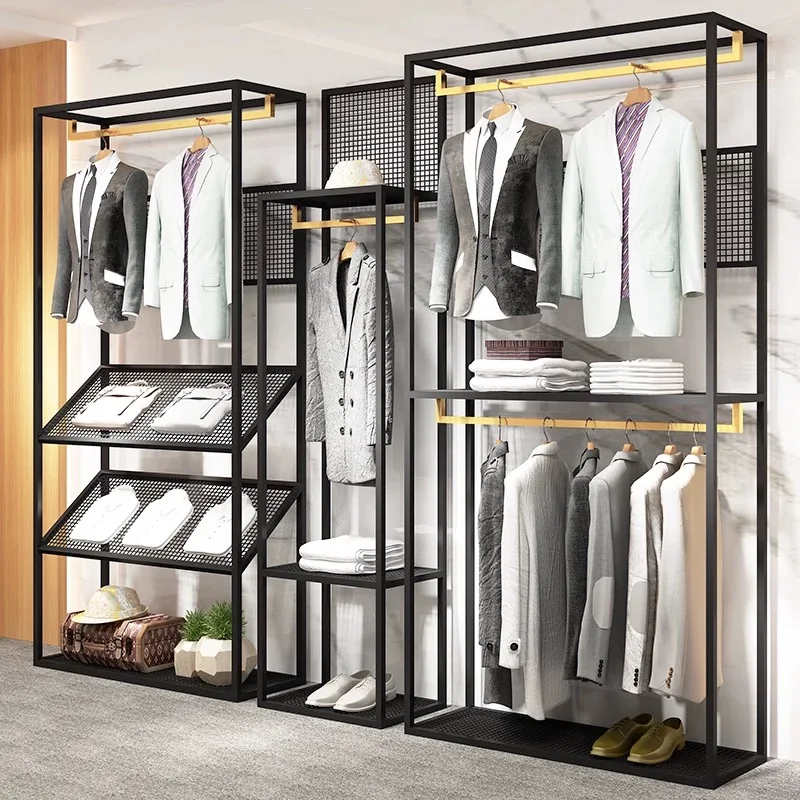 Rak Display Logam Modern untuk Toko Ritel, Rak Pakaian Pria, Rak Pajangan Jas
