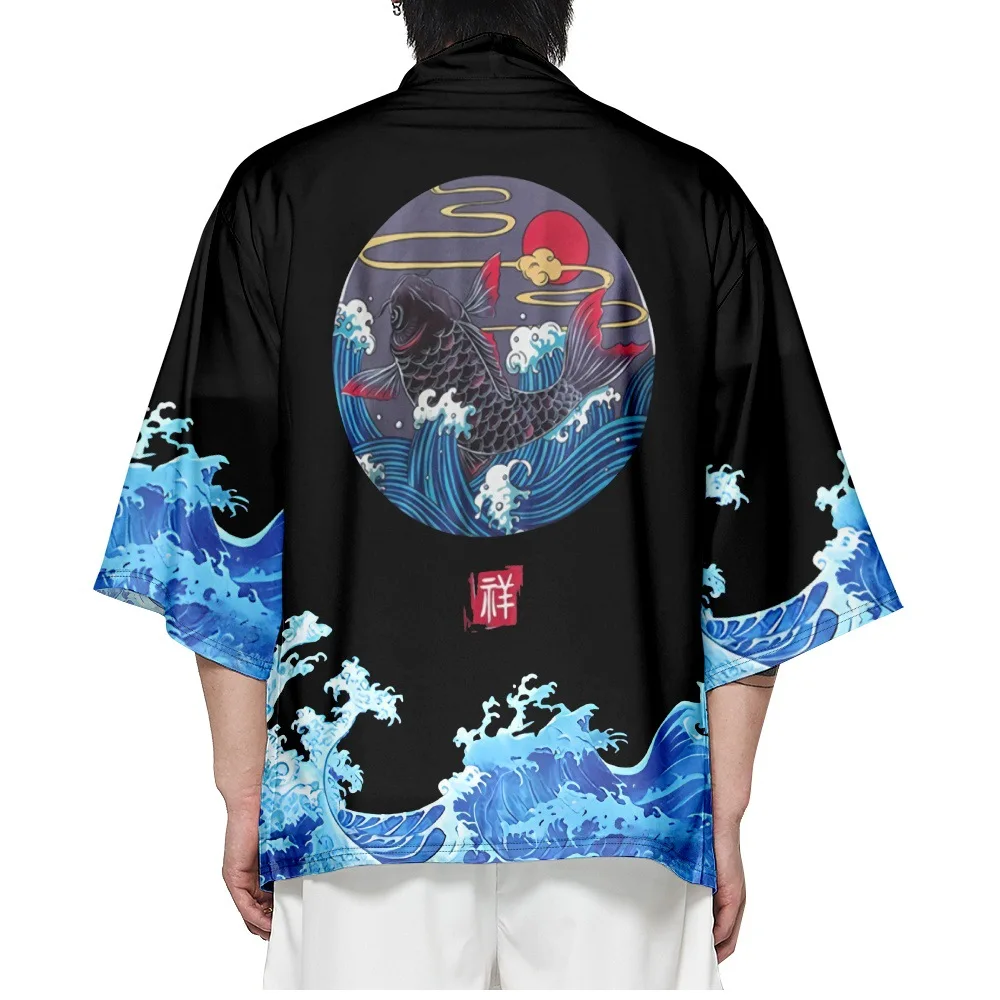 

6XL 5XL 4XL Vintage Wave Kimono Fashion Men Women Cardigan Samurai Robe Black Clothes Summer Beach Yukata Japanese Haori