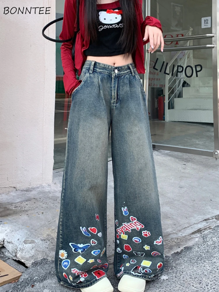 Y2k Jeans Women Graffiti Baggy Streetwear American High Street Wide Leg Trousers Mopping Autumn Slacks Knwaii Aesthetic Daily