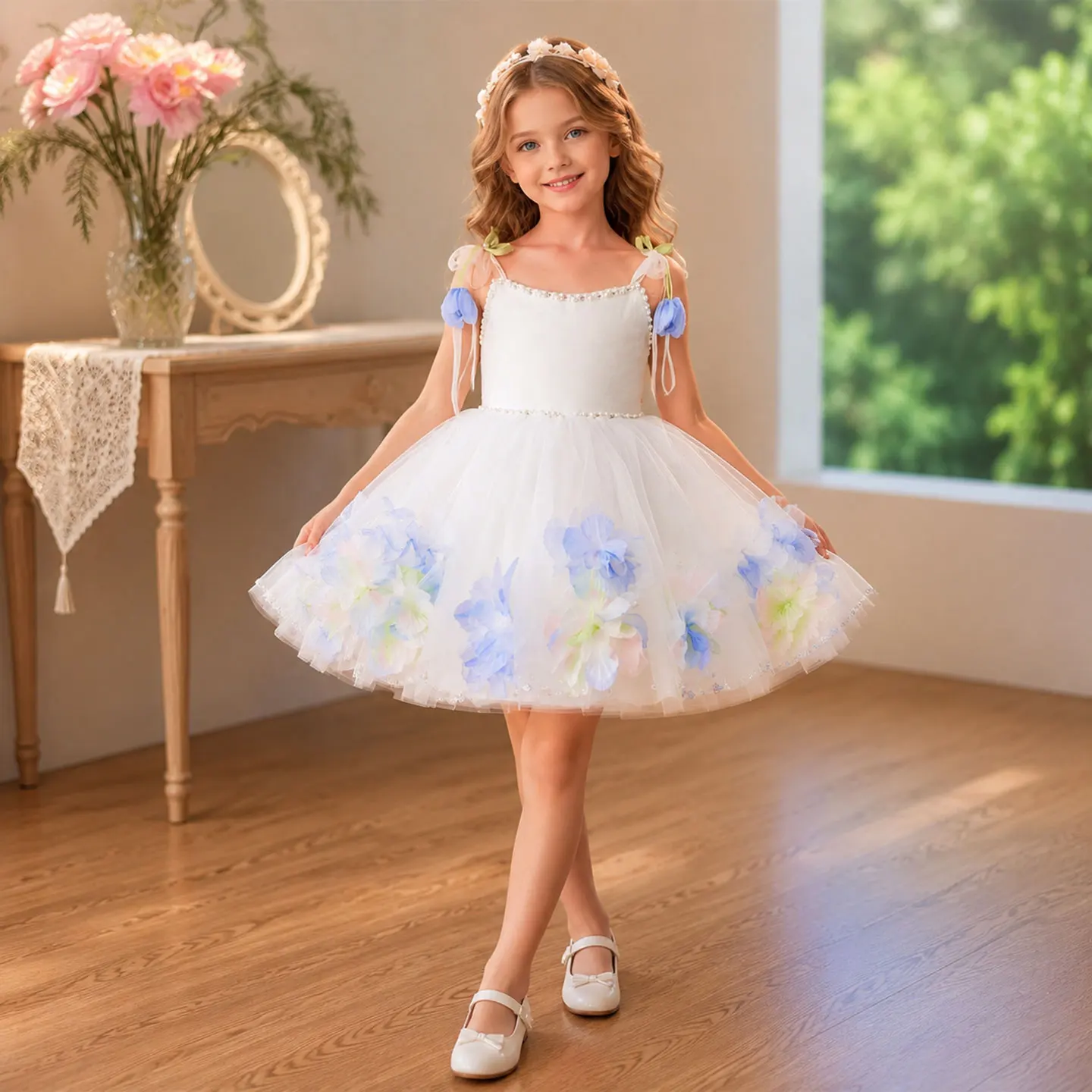 Jill Wish J919 Spaghetti Strap Pearl Trim Kids Flower Girl Dress 3D Blue Gradient Floral Tulle Wedding Pageant Birthday Party