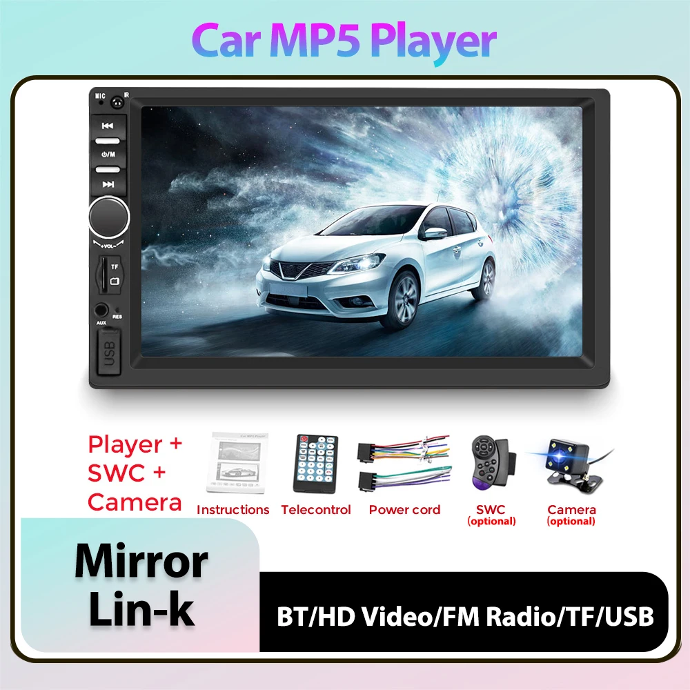 Lecteur de limitation de voiture double DIN universel, radio stéréo à écran tactile, lien miroir, entrée AUX, BT, SWC, FM, USB, carte TF, RCA, 1080P, 7 pouces