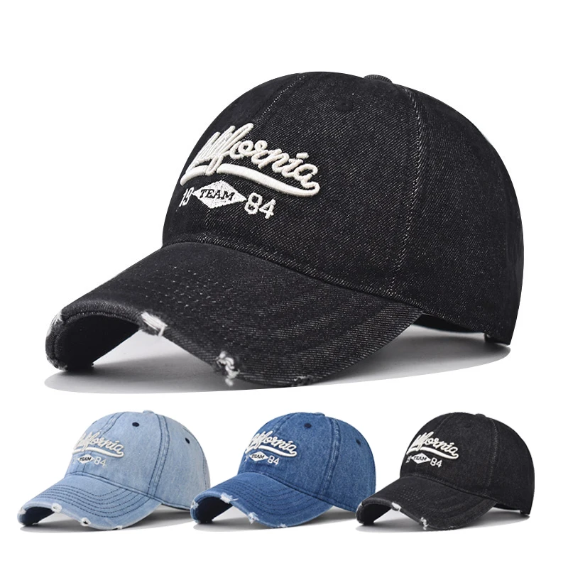 Couples baseball cap California letter Korean version Sun hat Hole Spring Autumn Wash denim Woman's hat Cap Hip Hop Fitted Cap