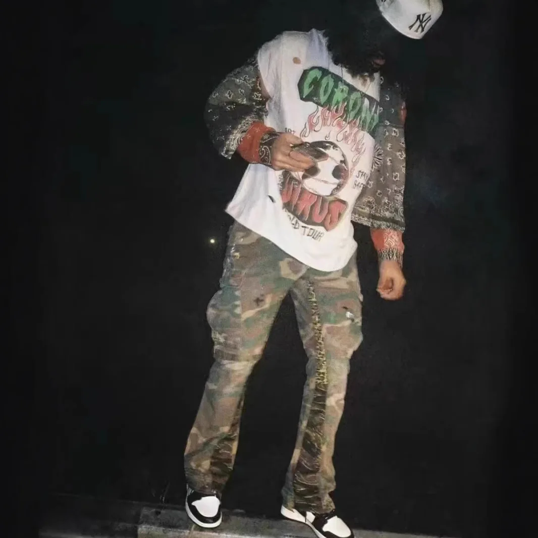 Retro American High Street Patchwork Splatter Paint Camouflage Work Pants Men Micro Flare Casual Long Trousers