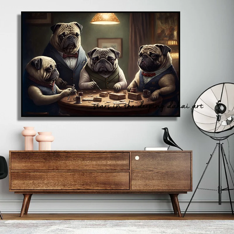 Vintage Animal Bulldogs Pugs Playing Pokers Art Poster Canvas Painting Wall Prints Picture for Living Room Home Decor Cuadros