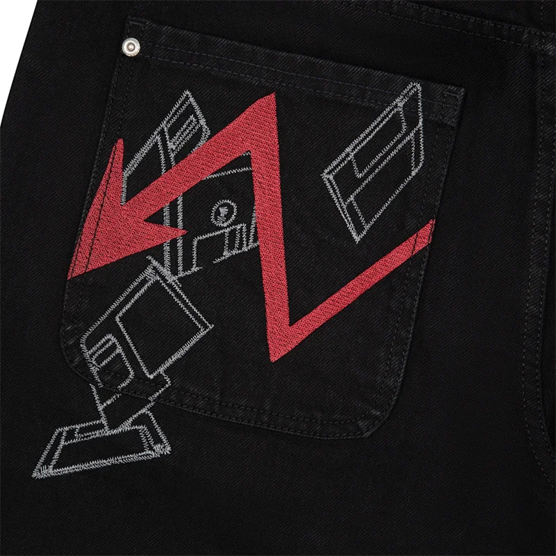 Y2K جينز هيب هوب فضفاض خط تجريدي أحمر البرق جرافيك شارع العليا مستقيم الساق جينز موضة الرجال النساء ملابس الشارع الشهير غير رسمية