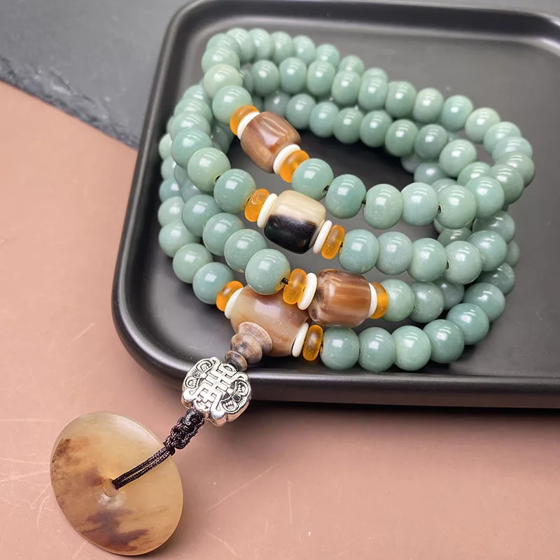 Original Ecology Yin Leather Bodhi Root Emerald Green Gradient Color 108 Necklace Prayer Beads Bracelet