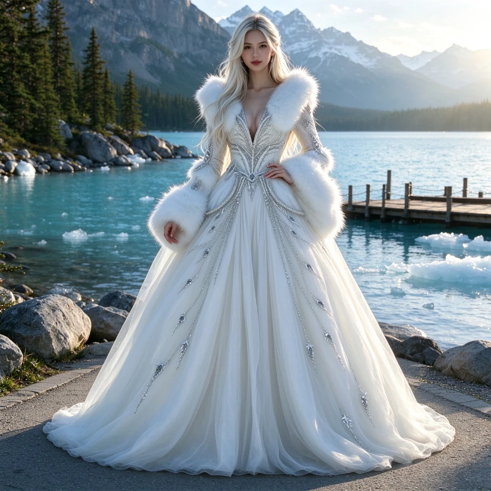 Customized Dignified Fur White Fluffy Winter Wedding Dress 2026 New V-neck Long Sleeved A-line Bridal Gown Suitable for Banquets