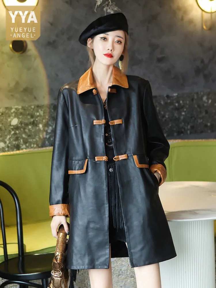 

Vintage Trench Coat Women Vintage Buttons Long Sheepskin Genuine Leather Jacket Spring Mixed Colors Windbreaker Slim Fit Jacket