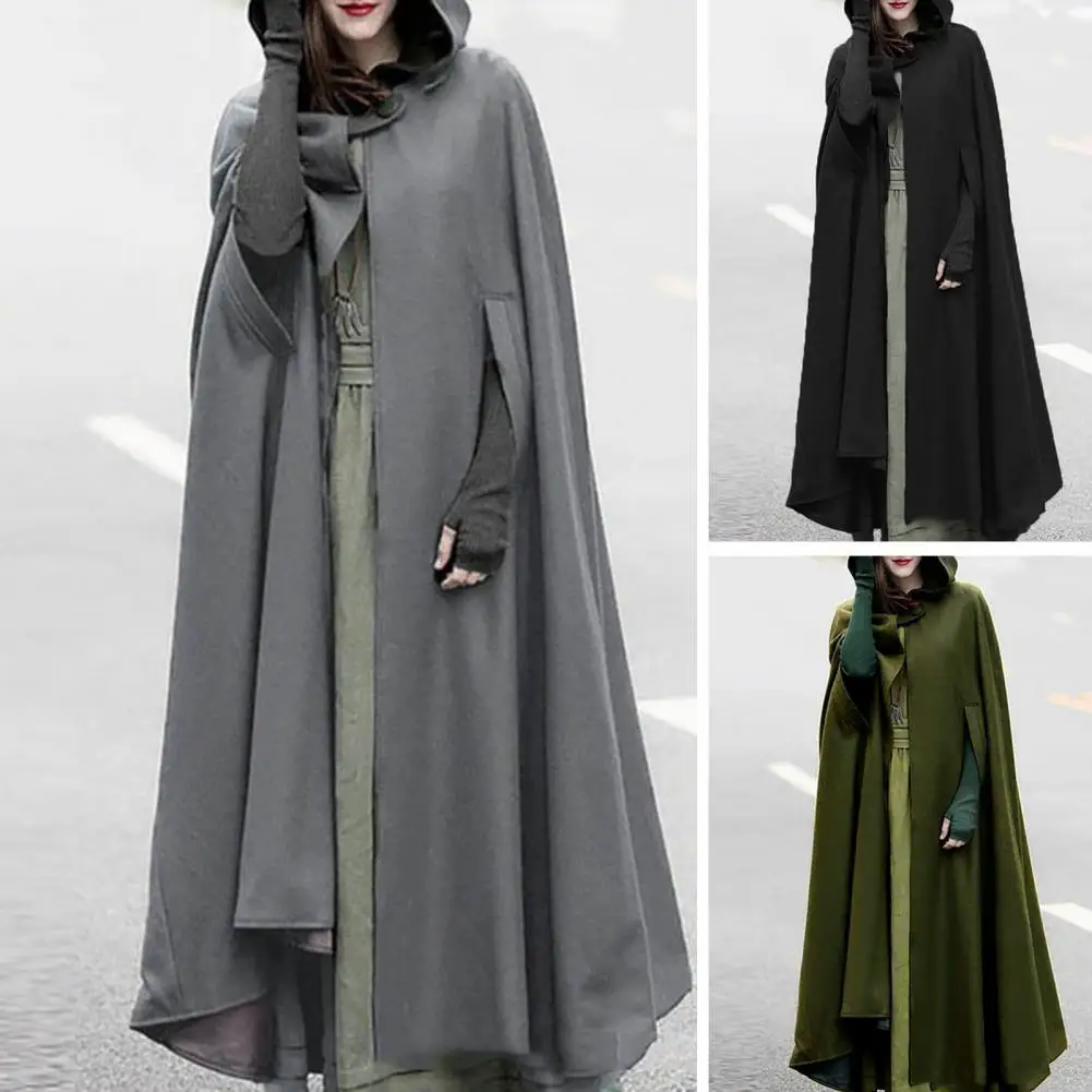 Medieval Women Cloak Thickened Loose Warm Windproof Lengthened Single Button Closure Sleeve Holes Hooded Ponchos Long Shawl