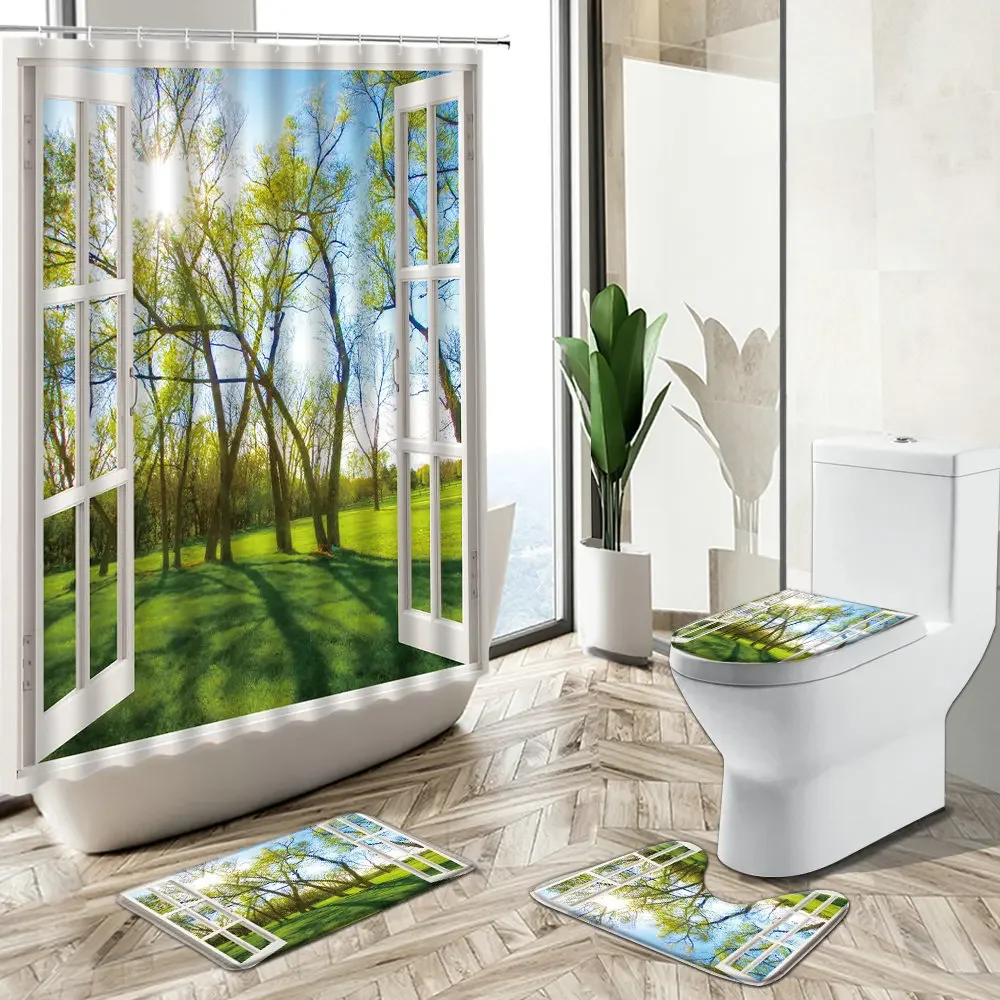 Ocean Window View Shower Curtain Flower Green Plant Tree Forest Waterfall Natural Scenery Non-Slip Rug Toilet Cover Bathroom Set