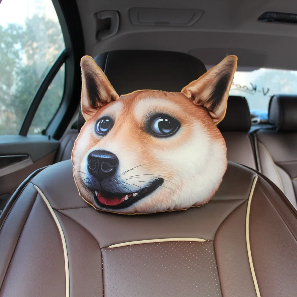 Car Seat Headrest Cartoon 3D Spoof Pet Dog Universal Comfortable Soft Plush Seat Headrest Travel Car Accessories