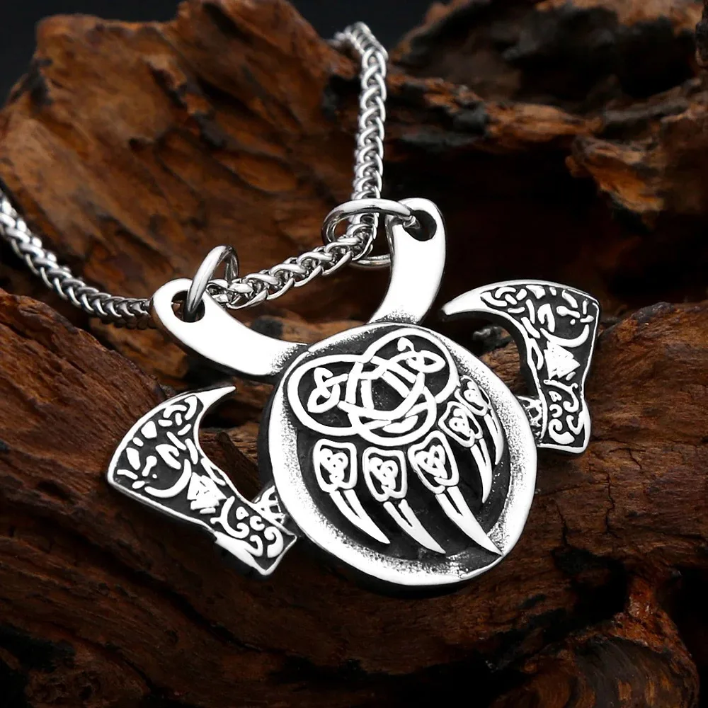 Viking Axe Bear Claw Stainless Steel Pendant Necklace For Men Women Vintage Celtic Knot Amulet Nordic Punk Fashion Jewelry Gifts