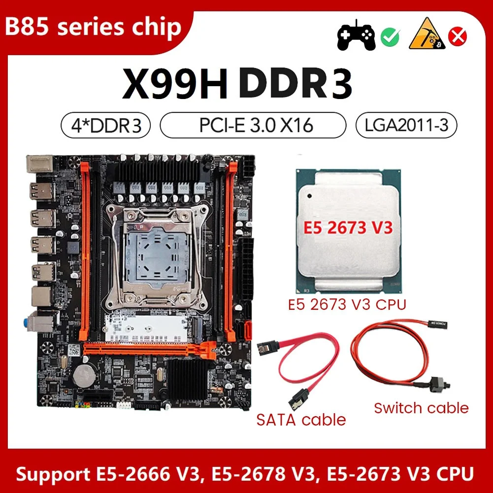 X99H Motherboard Kit with E5 2673 V3 CPU+Switch Cable+SATA Cable LGA2011-V3 DDR3X4 RAM M.2 NVME PCI-E 3.0 X16 SATA3.0