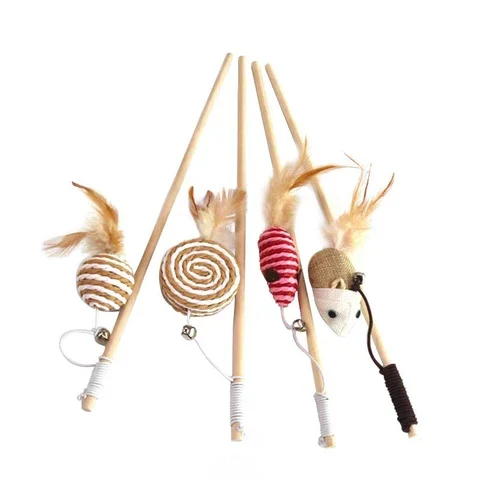 

Interactive Cat Teaser Toy Feather Wood Rod Cartoon Pet Mouse Toy With Mini Bell Cat Catcher Wooden Stick Cat Toys
