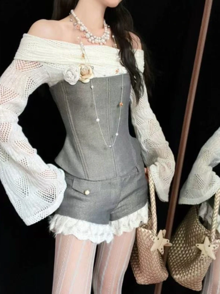 

Элегантный тонкий комплект из двух предметов с открытыми плечами, женский винтажный вязаный жилет + однотонные шорты, костюм в стиле Харадзюку, модный дизайн, лоскутные комплекты