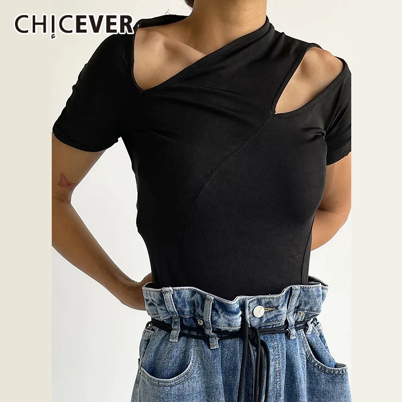 

CHICEVER Solid Hollow Out Slim T Shirts For Women Asymmetrical Collar Short Sleeve Casual Minimalist Streetwear T Shirt Female