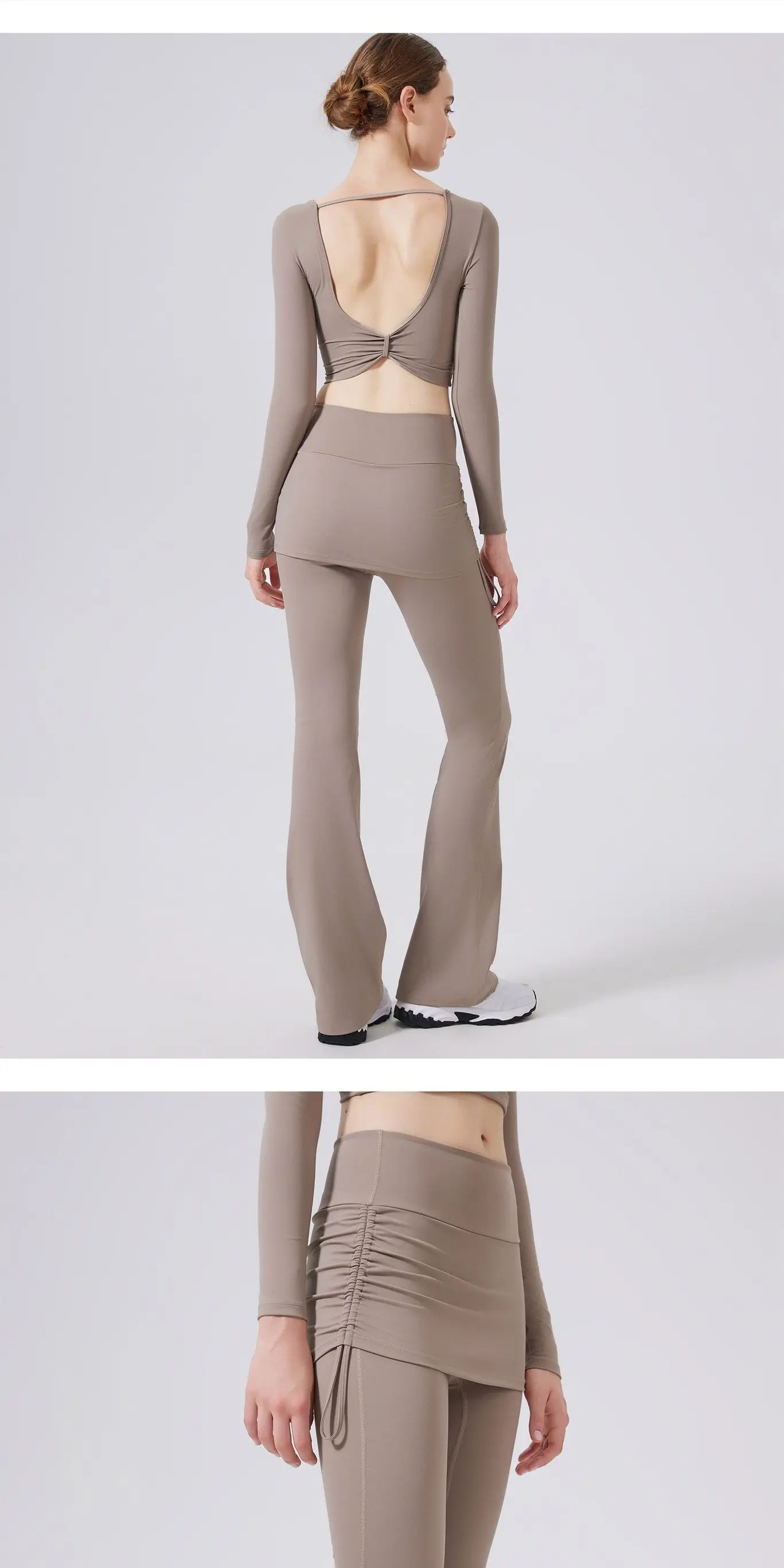 Täuschend echte, hochtaillierte, leicht ausgestellte Hose mit hüftbedeckendem Rock für Damen zum Laufen, Tanztraining, Pilates-Sport. – Detail 1