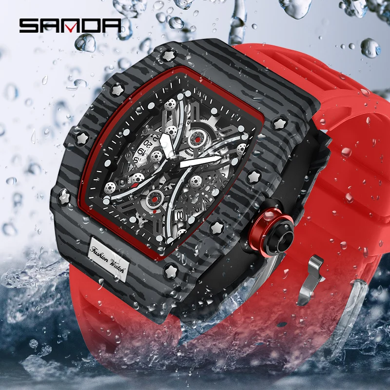 SANDA Watch for Men Luxury Tonneau Quartz Watch Man Sport Waterproof Red Clock Fashion Luminous Pointer Wristwatch Reloj hombre