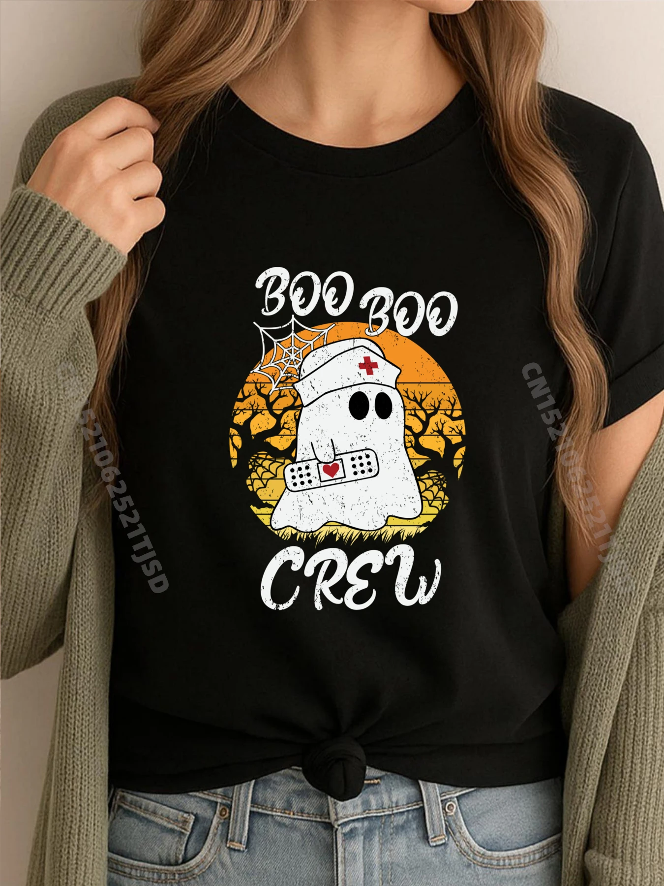 面白い ER ED RN ICU スクール ハロウィン ゴースト ブーブー クルー ナース ホワイト グラフィック Tシャツ 高級服 女性