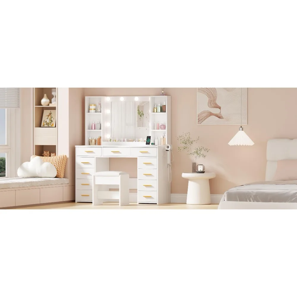 

White Vanity Desk with Mirror & Lights – Makeup Table with Power Outlet, 11 Drawers, 9 Shelves, 3 Color Lighting