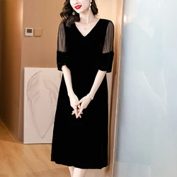 Autumn Vintage Velvet Party Dress Women Elegant Slim Long Sleeve A-line New Dresses 2024 Spring Casual Knee-length Vestidos
