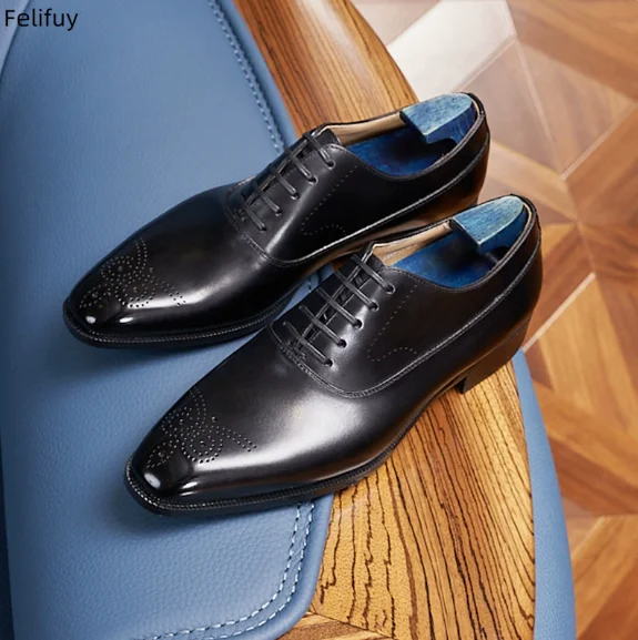 Genuine Leather Shoes Men's Pointed Toe Four Seasons Leather Shoes Business Formal Shoes Patent Bright Leather Low-top Shoes