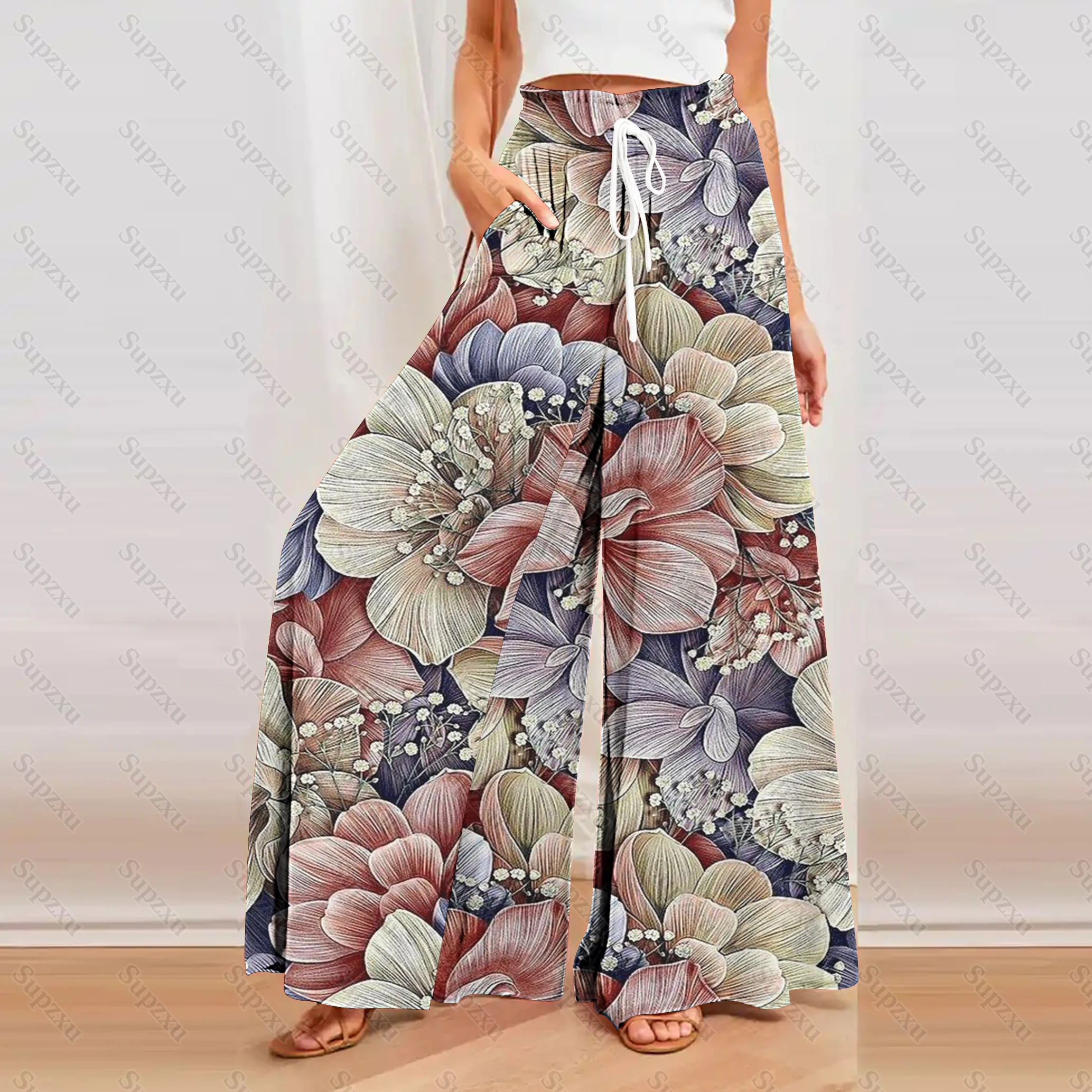 2023 Europe and America Autumn New 3D Flower Print Leisure Beach Ball Wide Leg Pants Breathable Home Fashion Big Leg Pants