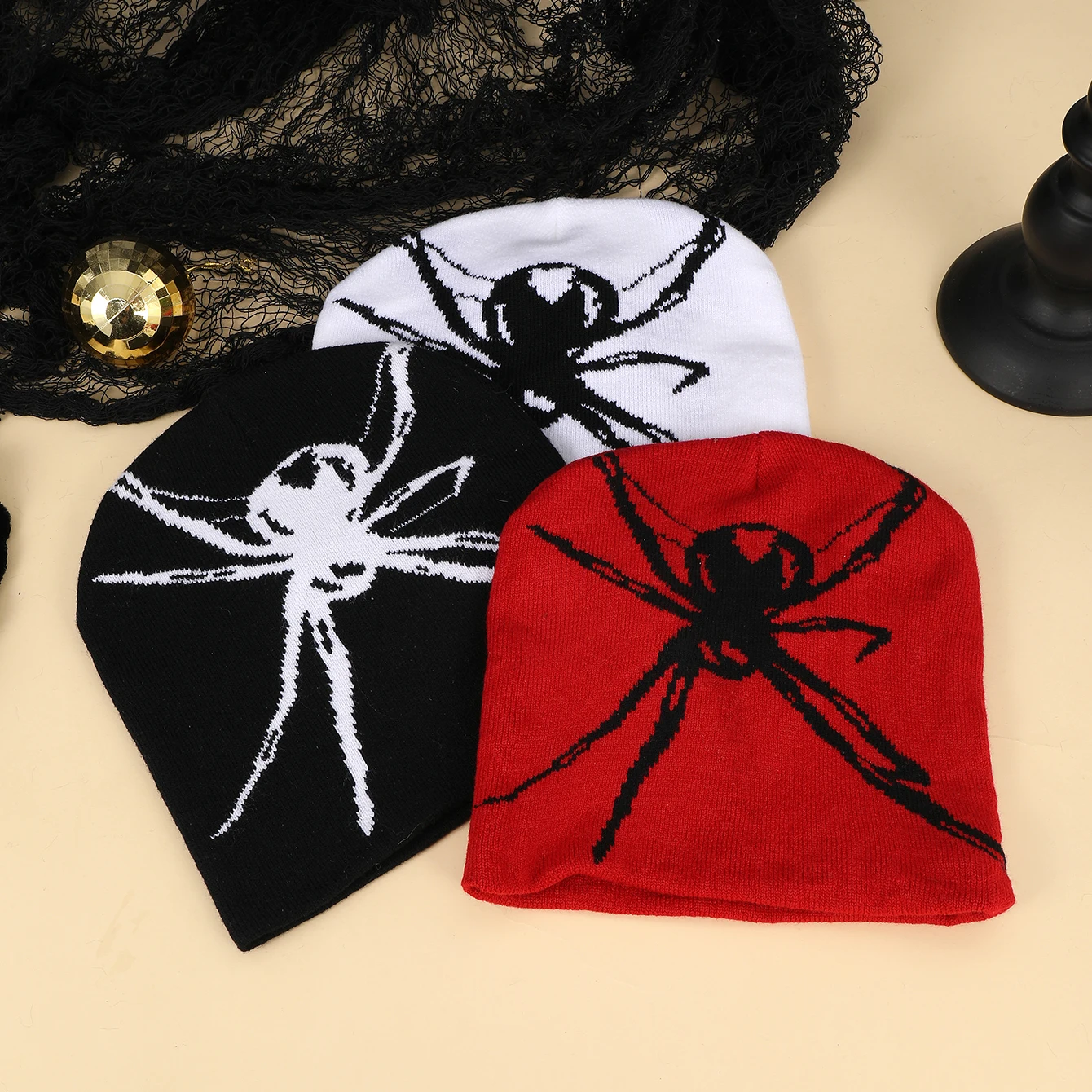 Cross-border simple jacquard large spider knitted pullover cap, autumn and winter outdoor windproof and warm woolen cap