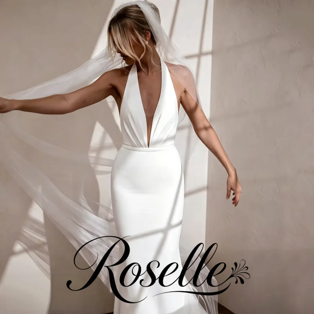 Women Halter Deep V Neck Satin Mermaid Wedding Dress Minimalist Fitted Bridal Gown For City Elopement Civil Wedding Photoshoot