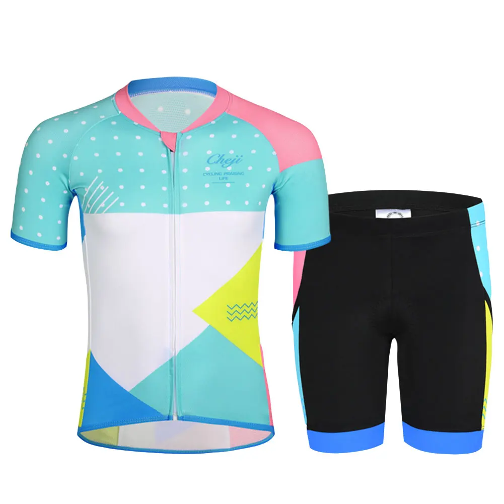 Geometric Patterns Children's Cycling Suits Short Sleeve Quick-day Bicycle Jersey with Gel Pad Shorts MTB Road Riding Bike Wear