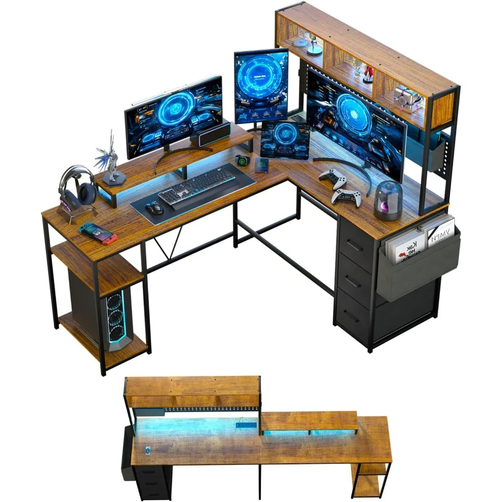 

Reversible L Shaped Desk with Storage & Pegboard, 67'' Large Gaming Desk with Led Lights, Corner Computer Desk with Drawers & Po