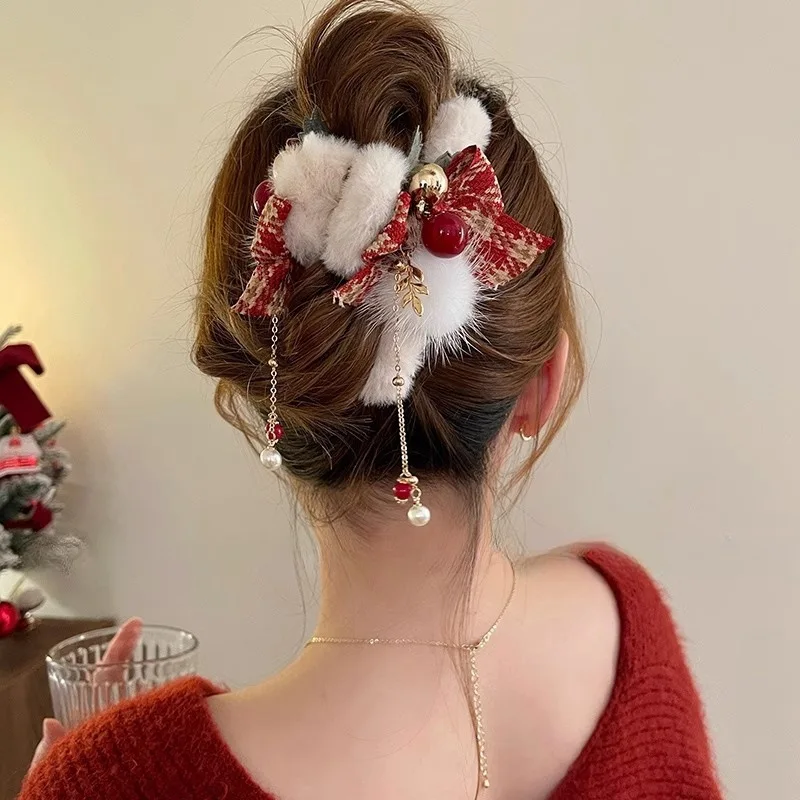 Korean version plush hairpin female back head bow grab clip large crab clip Christmas jewelry hair bow hair accessories