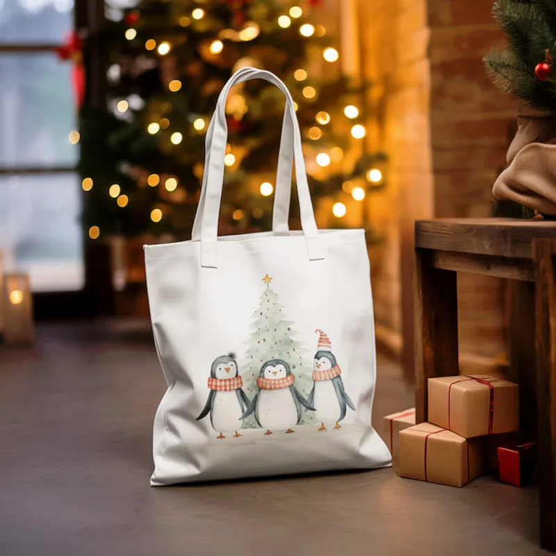 Three Penguins Christmas Tote Bag Reusable Festive Shopper Shopping Holiday Gift Shopping Bag for Life Christmas decor gift for