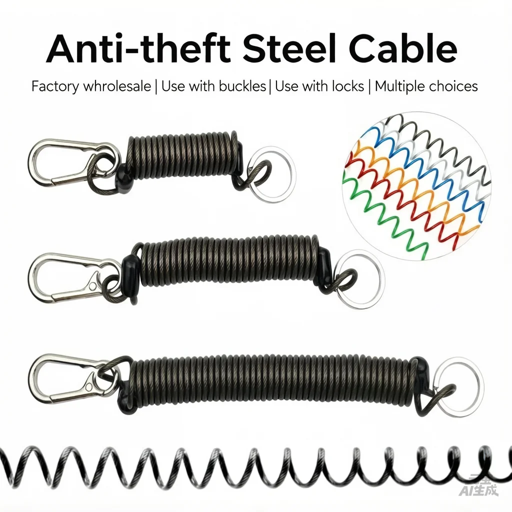 Anti-Theft Steel Wire Rope Security Cable with Keychain and Ring |   Spring Steel Lanyard for Safety & Luggage |   Factory Wholesale