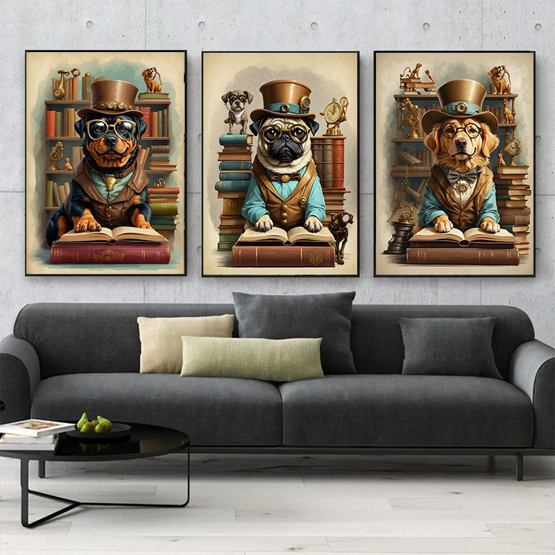 Vintage Canine Academy Smart Schnauzer Dachshund Dog School Canvas Poster Pet with Glasses Prints Painting Home Decoration