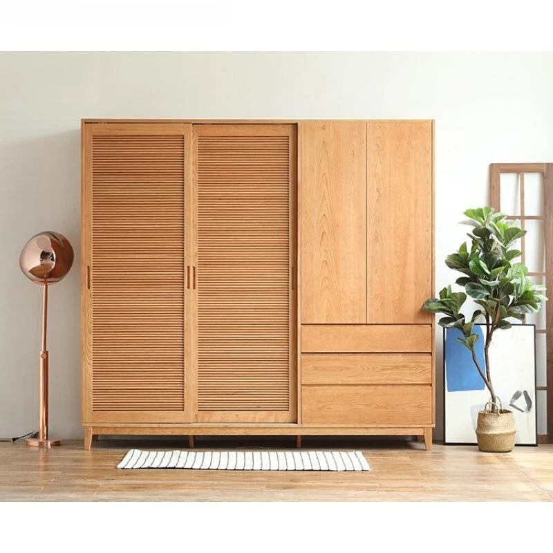

Nordic cherry wood log color all solid wood bedroom home large capacity wardrobe Japanese louver sliding double door wardrobe