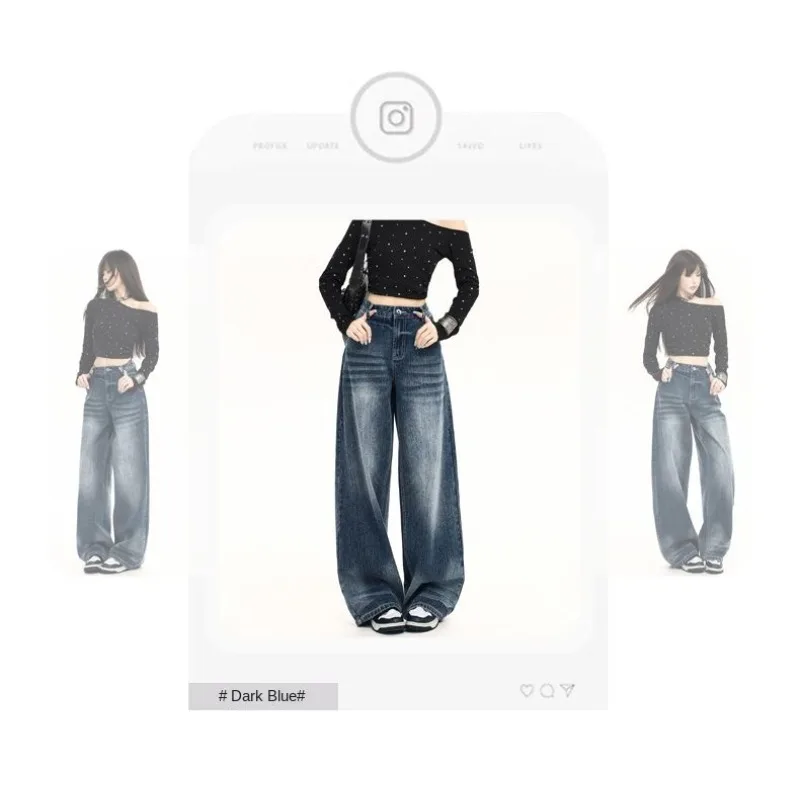 New Loose Casual Straight Leg Denim Pants Women Autumn Retro Small Batch Blue Bleached Whisker Wash Design Comfortable Trousers