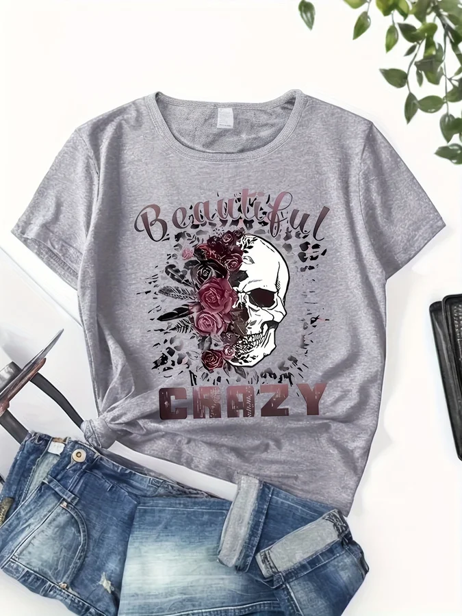 Skull & Letter Print T-shirt Casual Crew Neck Short Sleeve T-shirt Women's Clothing