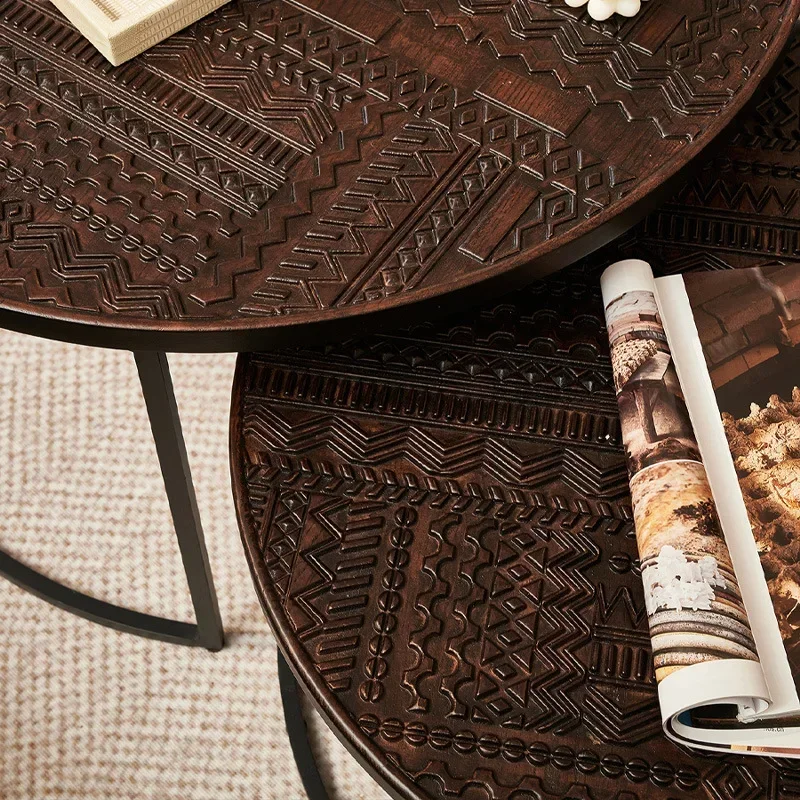 Retro wabi-sabi wind solid wood carving flower coffee table