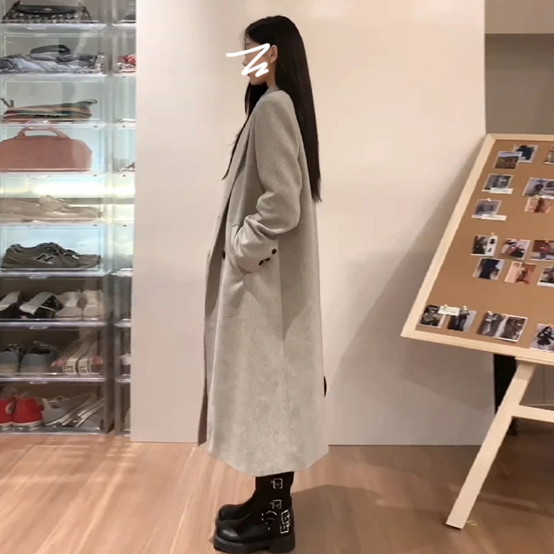 

Шерстяные пальто средней длины, женское пальто, зимнее бархатное пальто на флисовой подкладке с боковой твердой поверхностью во французском стиле, повседневная уличная одежда для кампуса