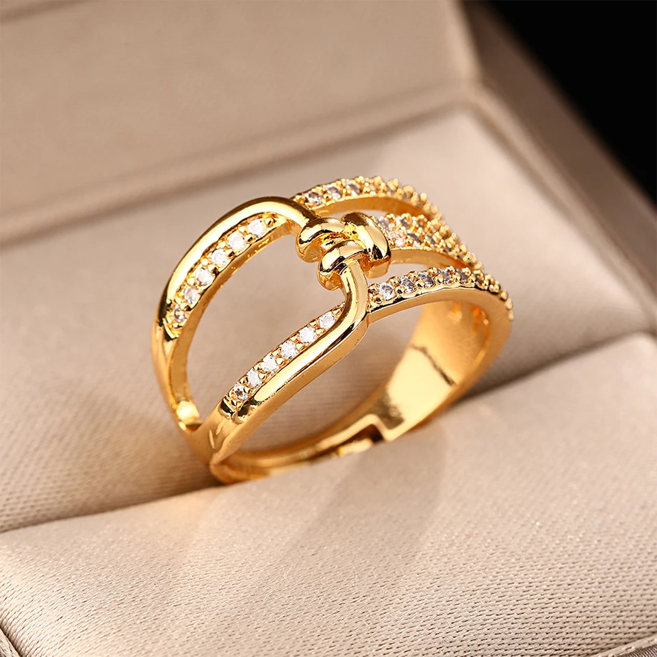 ZAKOL Fashion Double Layers Zircon Rings for Women Gold Color Plated Open Stainless Steel Ring Estetyczna biżuteria ślubna na imprezę