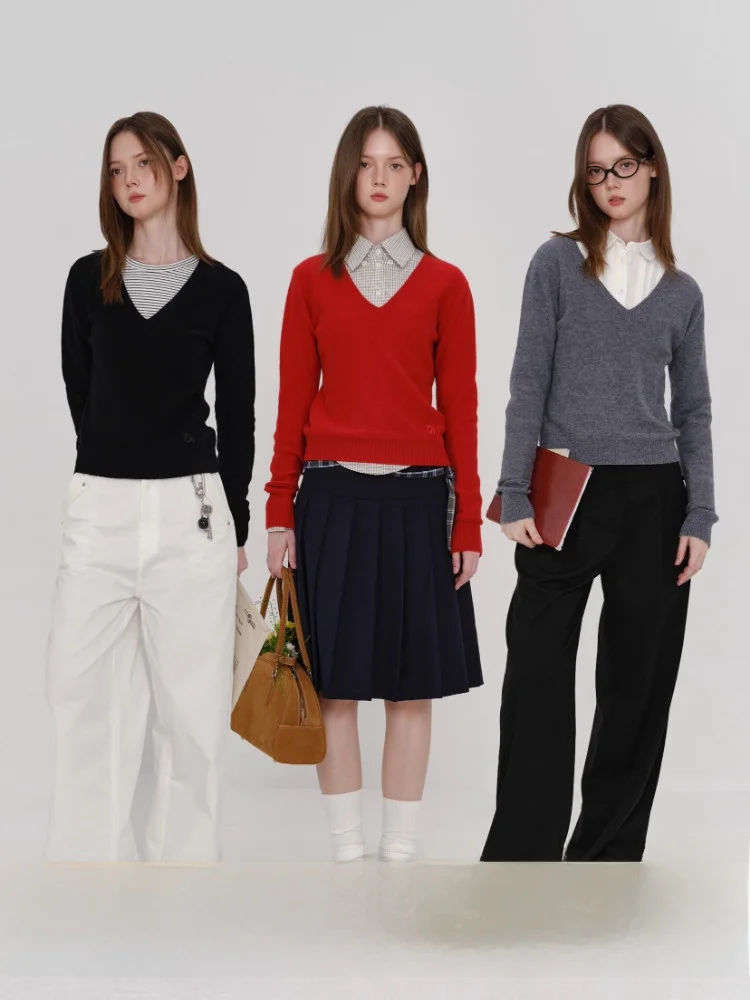 

YAWHAT Футбольный цветной свитер из чистой шерсти с v-образным вырезом, женский облегающий пуловер, трикотажный однотонный свитер для поездок на работу, длинный све, обычная длина